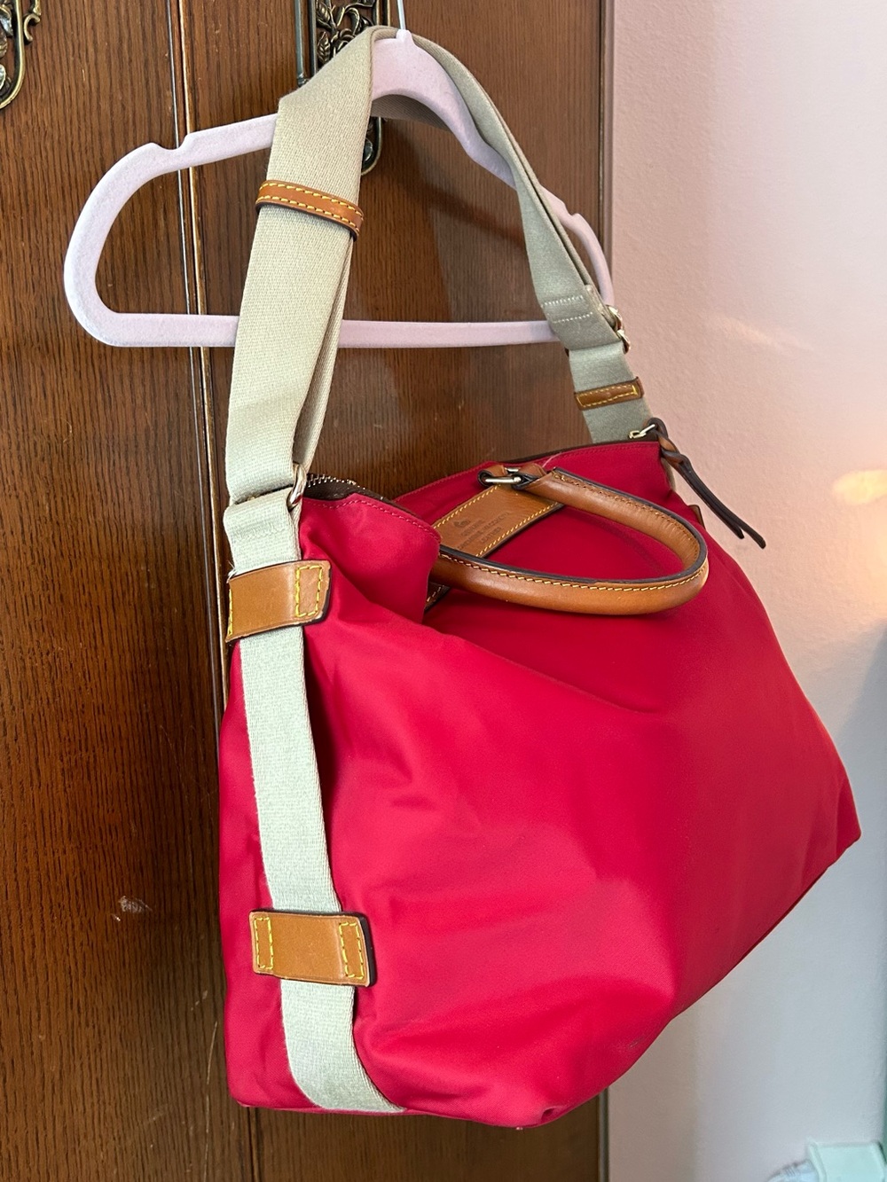Dooney & Bourke Red Nylon Tote with Tan Leather Trim - Picture 2 of 7